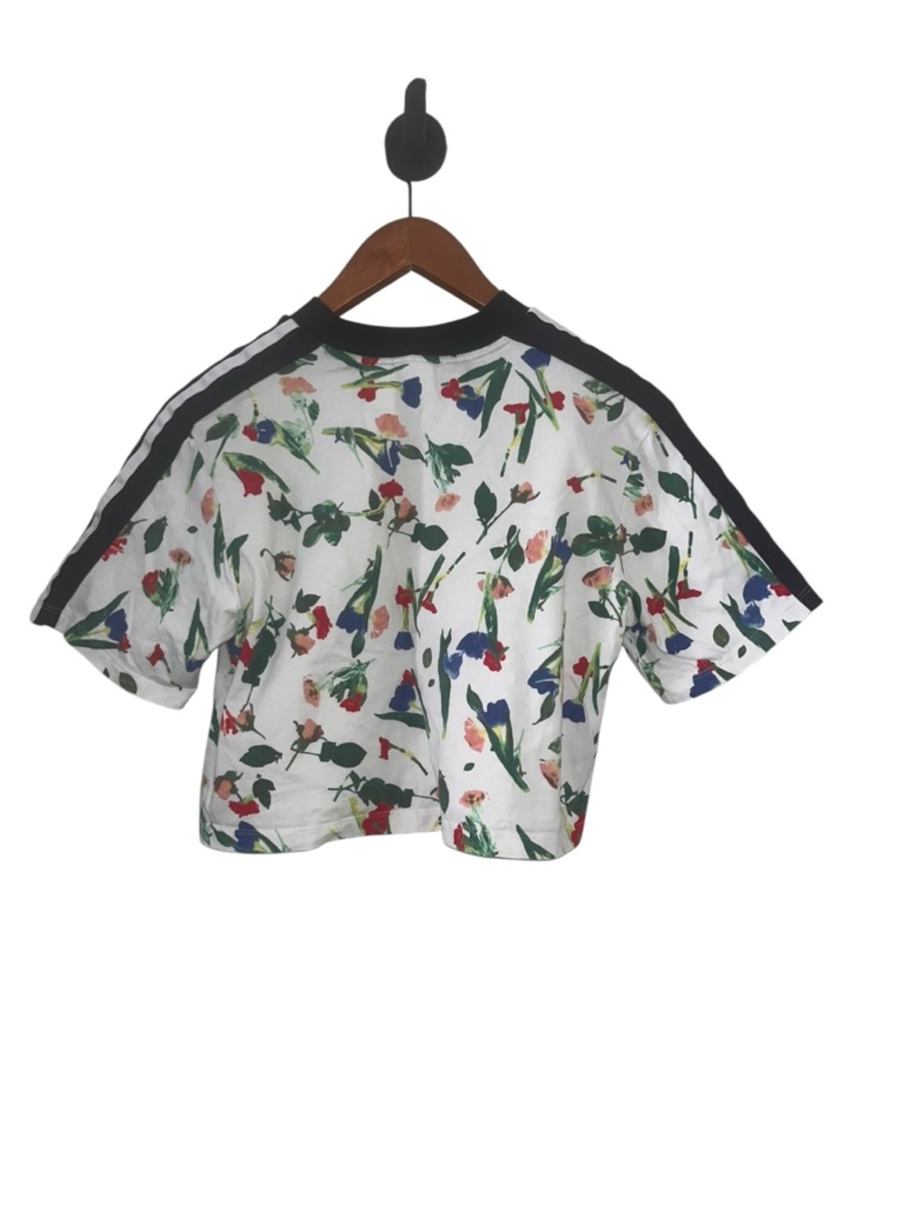 Adidas Women’s Floral Print Cropped Tee with Striped Shoulders - White/Multi - Picture 5 of 6